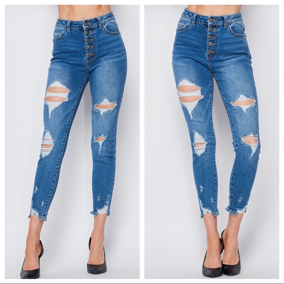 #08 - 80’S Chic 5 Button closure distressed skinny jeans - Picture 5 of 7